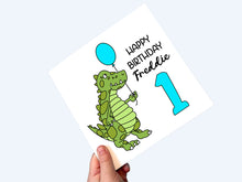 Load image into Gallery viewer, Personalised 1st birthday card with Roary the T-Rex dinosaur