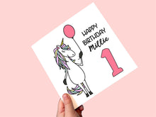 Load image into Gallery viewer, Personalised unicorn 1st birthday card