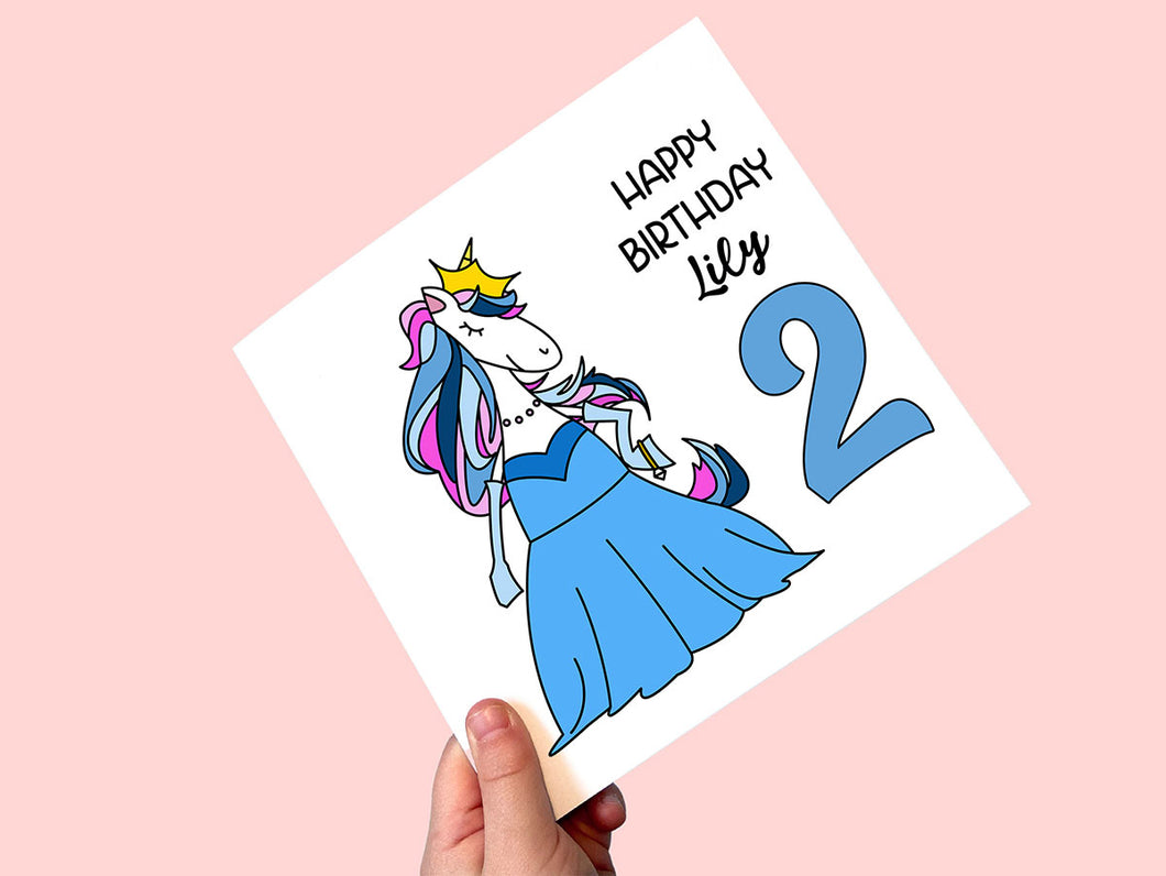 Personalised unicorn 2nd birthday card