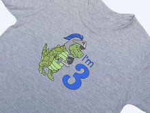 Load image into Gallery viewer, Grey 3rd birthday dinosaur t-shirt