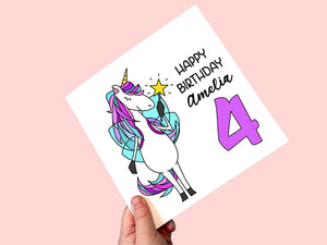 Personalised unicorn 4th birthday card