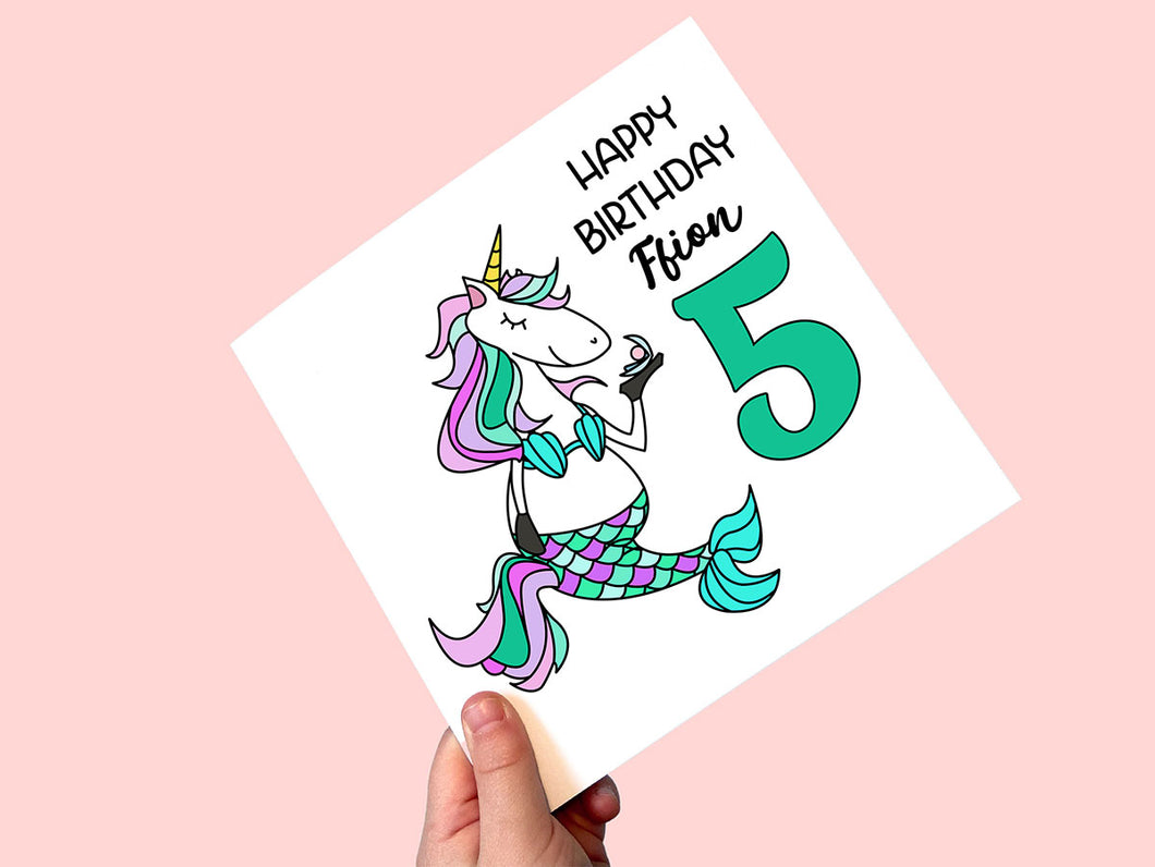 Personalised unicorn 5th birthday card