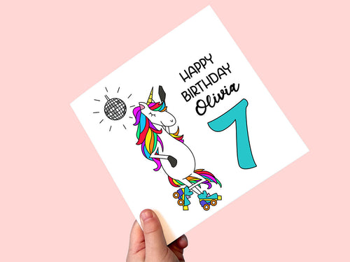 Personalised unicorn 7th birthday card
