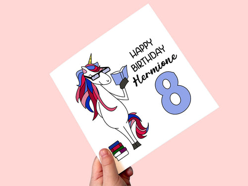 Personalised unicorn 8th birthday card