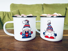 Load image into Gallery viewer, Enamel hot chocolate mugs with original Scandi gonk illustration, also personalised with name on the reverse