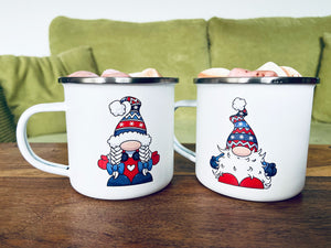 Enamel hot chocolate mugs with original Scandi gonk illustration, also personalised with name on the reverse