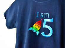 Load image into Gallery viewer, I am age rocket birthday t-shirt, close up