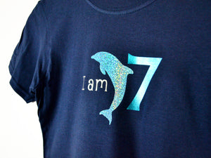 I am age dolphin birthday t-shirt, close up