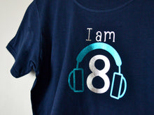 Load image into Gallery viewer, I am age headphones birthday t-shirt, close up