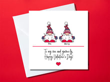 Load image into Gallery viewer, LGBT His and his Valentine&#39;s Day card, with personalised gnome couple