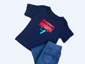 Navy t-shirt with a red London bus, with the text 'I'm 1' - customisable text and size