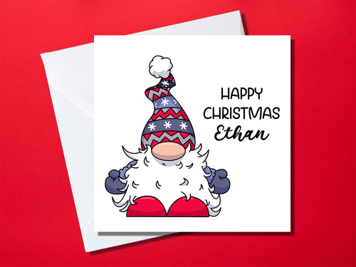 Personalised Happy Christmas card with boy gonk design