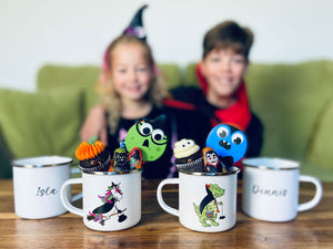 All treat and no trick, gorgeous personalised Halloween enamel mugs