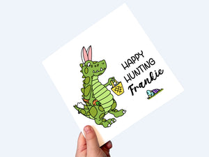 Personalised Easter Card, Happy Hunting T-Rex Easter Bunny by Little Foxglove