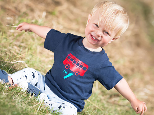 Red Bus Birthday T-shirt modelled on a 1 year old boy.