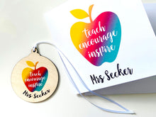 Load image into Gallery viewer, Matching card and wooden keepsake, perfect end of term gift for teachers. Rainbow apple design, &#39;teach, encourage, inspire&#39;.