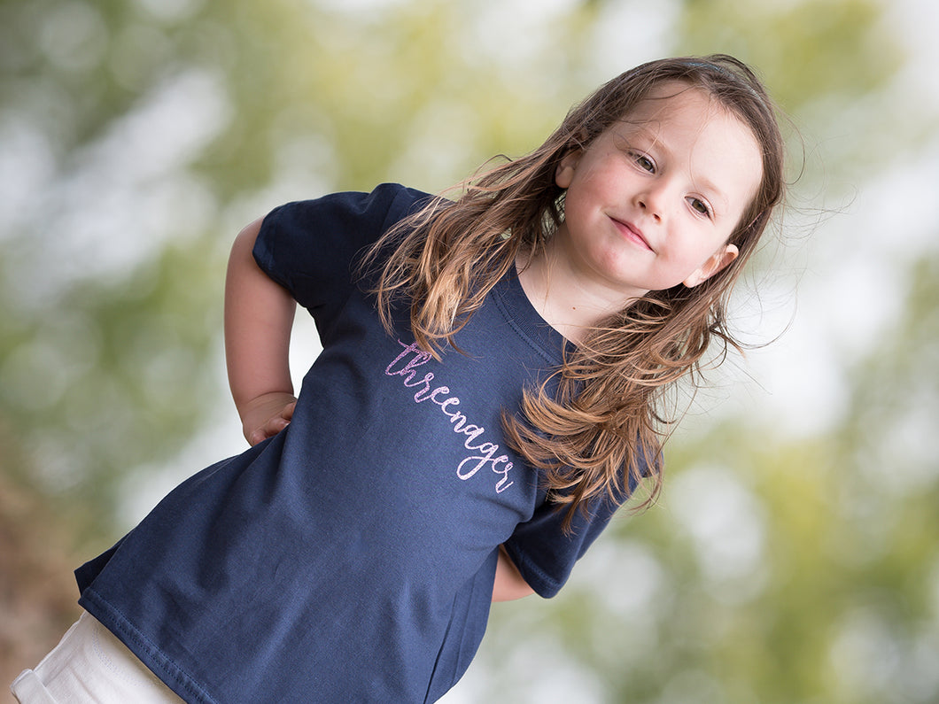 Threenager t-shirt modelled, perfect 3rd birthday gift for a little girl