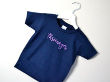 Load image into Gallery viewer, Navy t-shirt with the text &#39;threenager&#39;
