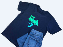 Load image into Gallery viewer, Navy toddler train shirt with jeans