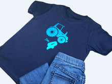 Load image into Gallery viewer, Navy cotton t-shirt with a blue tractor for toddlers and young children