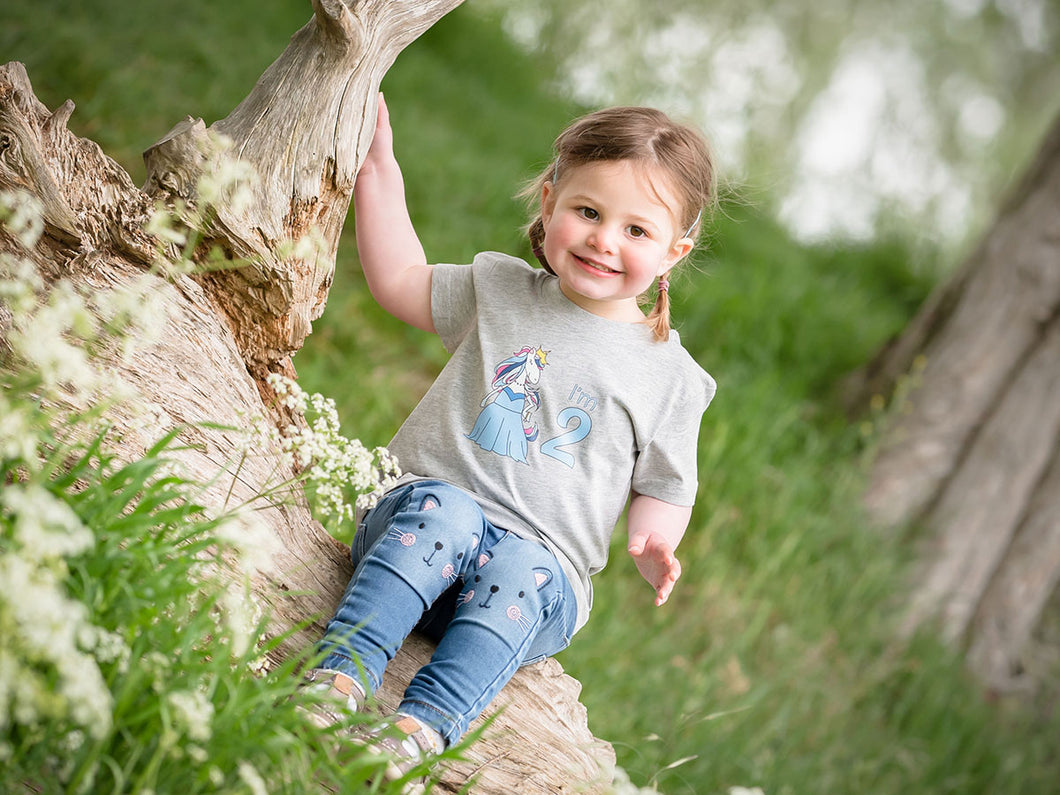 Gorgeous Unicorn 2nd Birthday Shirt modelled on a two year old girl