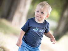 Load image into Gallery viewer, Navy Wild One T-shirt by Little Foxglove, modelled on a one year old boy